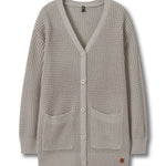 A light taupe waffle-knit cardigan sweater with a V-neck, button-up front, and two front patch pockets, shown flat on a white background.