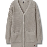 A light taupe waffle-knit cardigan sweater with a V-neck, button-up front, and two front patch pockets, shown flat on a white background.