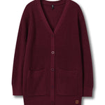 A burgundy waffle-knit cardigan sweater with a V-neck, button-front closure, and two front patch pockets, shown flat against a white background.