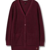 A burgundy waffle-knit cardigan sweater with a V-neck, button-front closure, and two front patch pockets, shown flat against a white background.