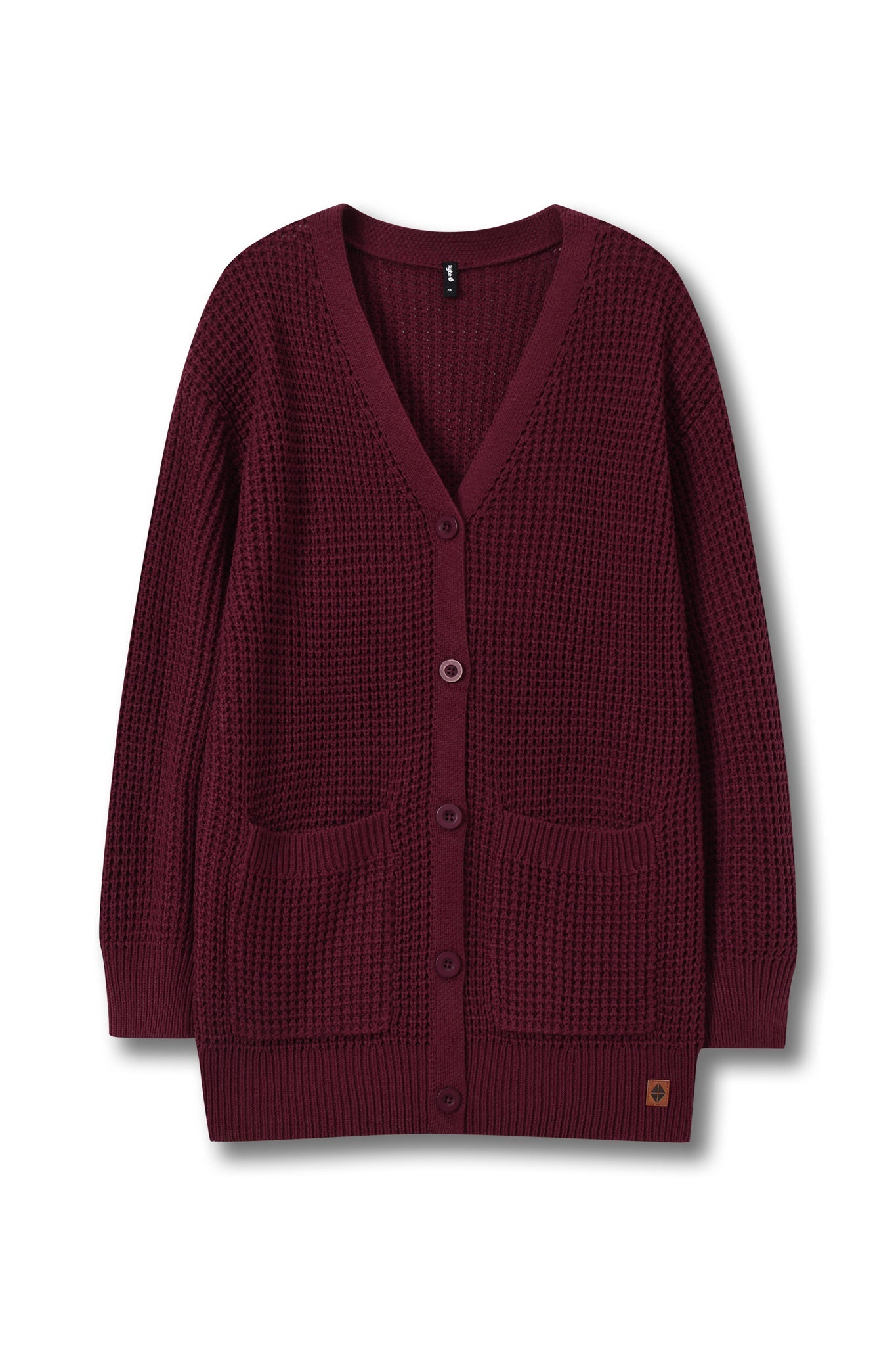 A burgundy waffle-knit cardigan sweater with a V-neck, button-front closure, and two front patch pockets, shown flat against a white background.
