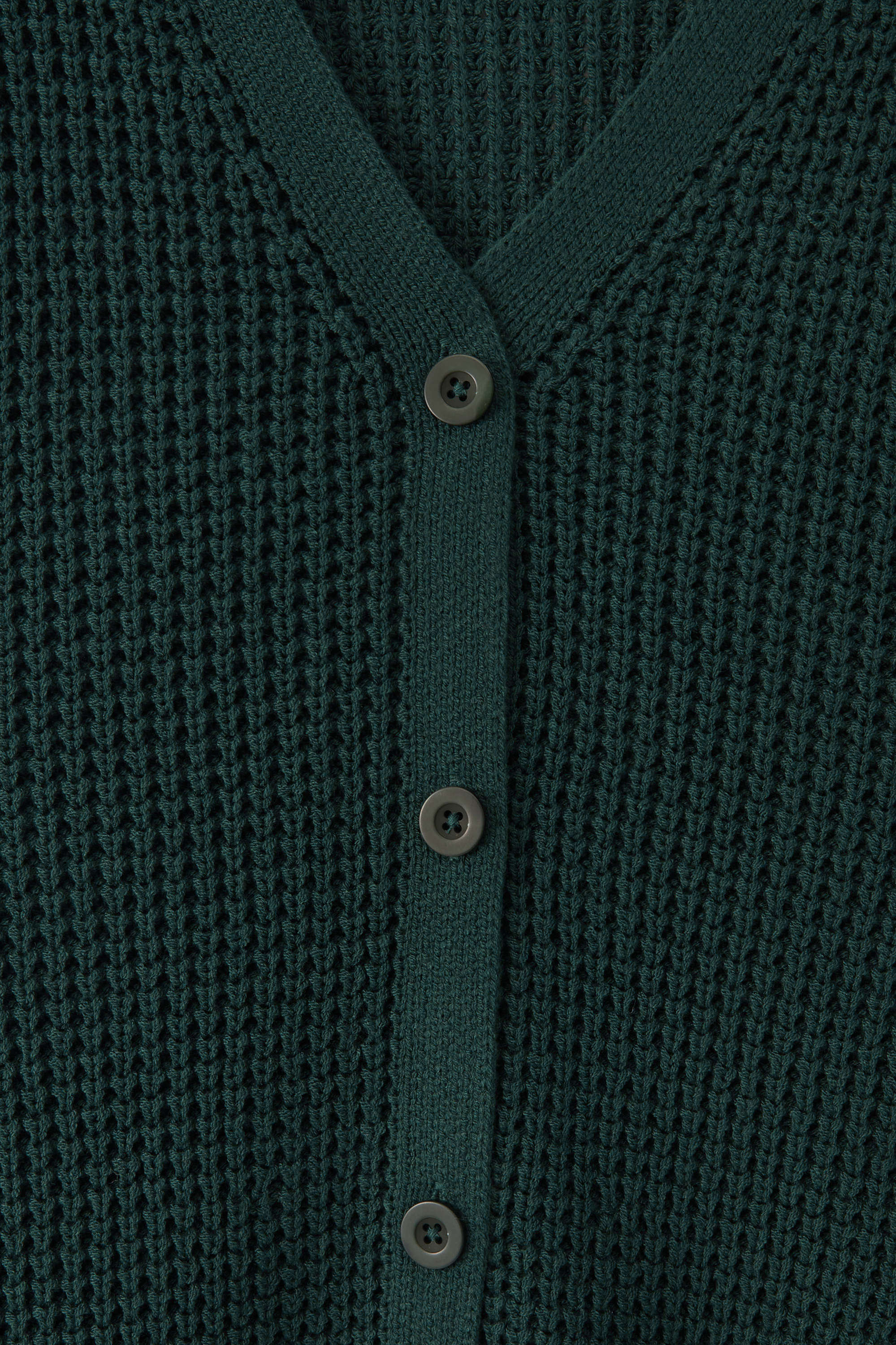 Close-up of a dark green waffle-knit cardigan sweater with a V-neck and three dark buttons.