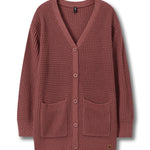 A dusty rose waffle-knit cardigan sweater with a V-neck, button closure, and front pockets, shown flat on a white background.