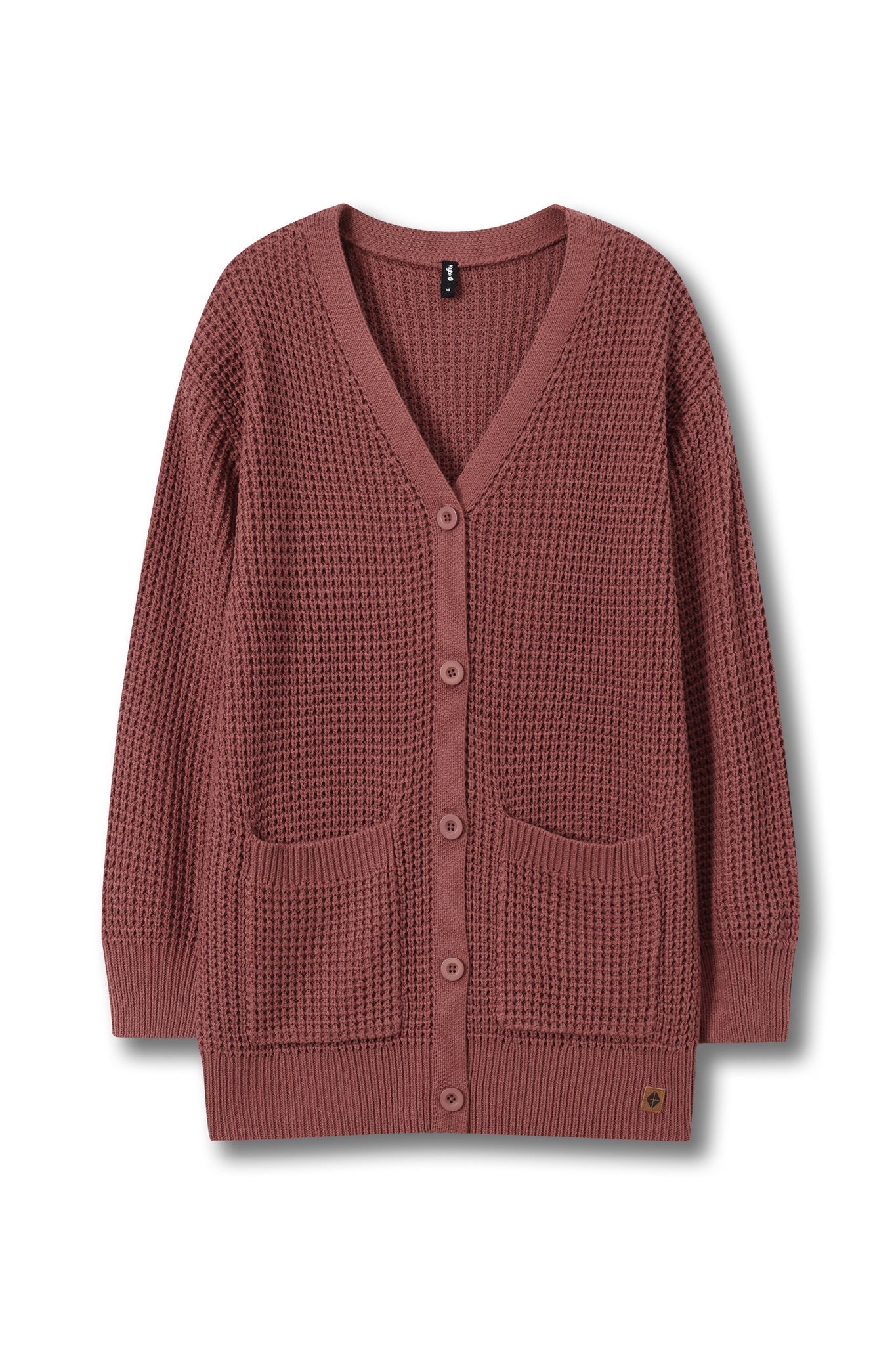 A dusty rose waffle-knit cardigan sweater with a V-neck, button closure, and front pockets, shown flat on a white background.