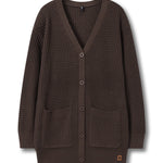 A dark brown waffle-knit cardigan sweater with a V-neck, button closure, and front pockets, shown on a plain white background.