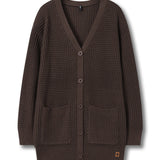 A dark brown waffle-knit cardigan sweater with a V-neck, button closure, and front pockets, shown on a plain white background.