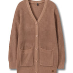 A waffle-knit cardigan sweater in a warm taupe-brown color, featuring a V-neck, button closure, and two front patch pockets, shown against a plain white background.