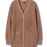 A waffle-knit cardigan sweater in a warm taupe-brown color, featuring a V-neck, button closure, and two front patch pockets, shown against a plain white background.