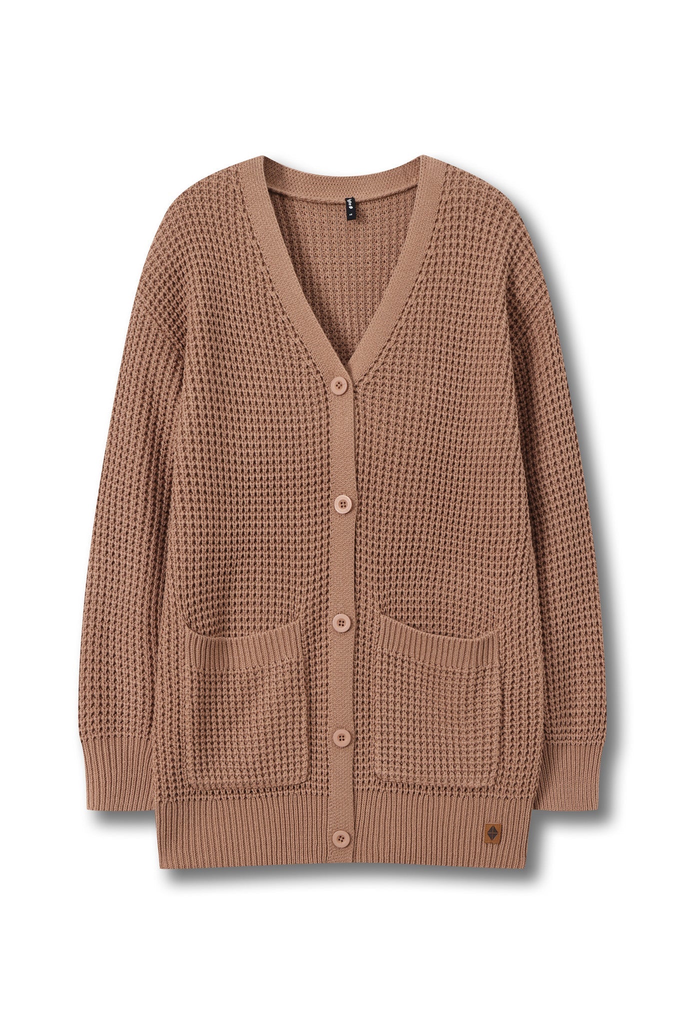 A waffle-knit cardigan sweater in a warm taupe-brown color, featuring a V-neck, button closure, and two front patch pockets, shown against a plain white background.