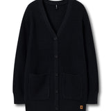 A black waffle-knit cardigan sweater with a V-neck, front button closure, and two front patch pockets, shown flat against a white background.