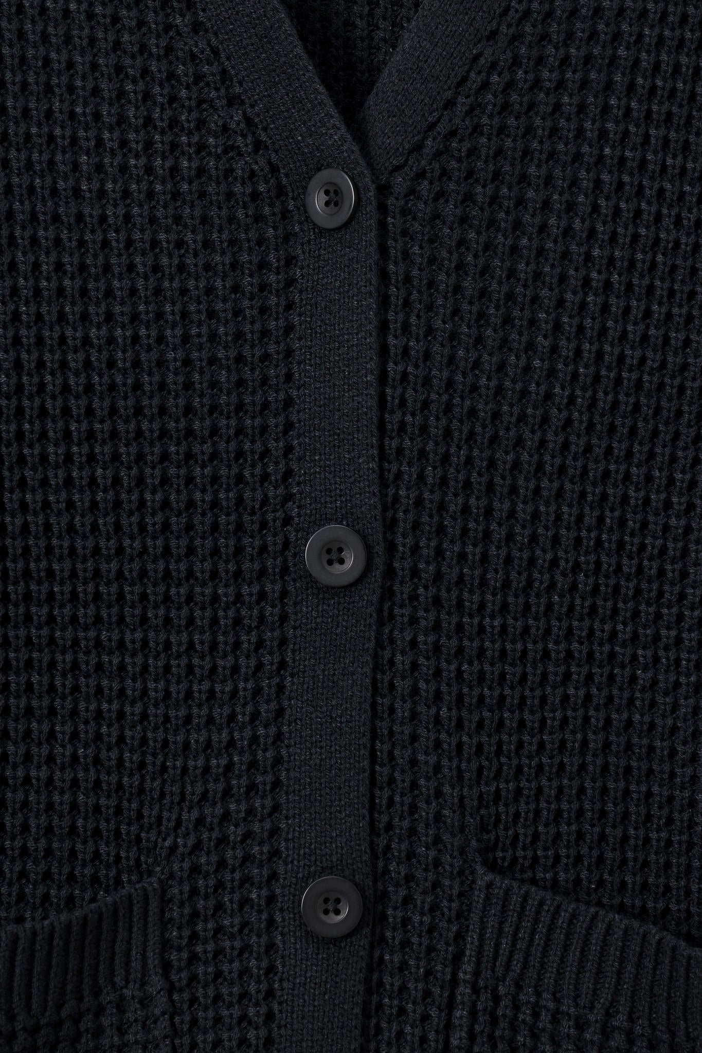 Close-up of a black waffle-knit cardigan sweater showing the button closure and ribbed collar.