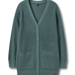 A textured waffle-knit cardigan sweater in a muted teal green color, featuring a V-neck, button closure, and two front patch pockets, shown against a plain white background.