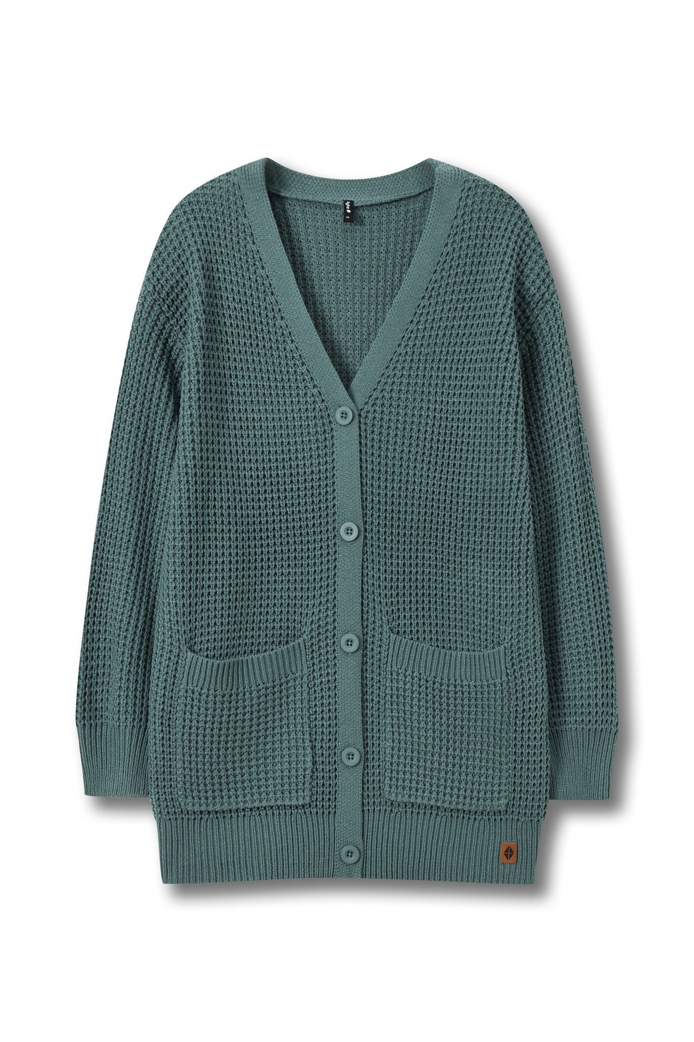 A textured waffle-knit cardigan sweater in a muted teal green color, featuring a V-neck, button closure, and two front patch pockets, shown against a plain white background.