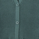 Close-up of a textured knit cardigan in a muted sage green color, featuring a V-neckline, three front buttons, and ribbed trim.