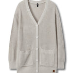 A light beige waffle-knit cardigan sweater with a V-neck, white buttons, and two front patch pockets, shown against a plain white background.