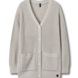 A light beige waffle-knit cardigan sweater with a V-neck, white buttons, and two front patch pockets, shown against a plain white background.