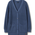 A blue waffle-knit cardigan sweater with a V-neck, button closure, and front pockets, shown on a plain white background.