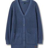 A blue waffle-knit cardigan sweater with a V-neck, button closure, and front pockets, shown on a plain white background.