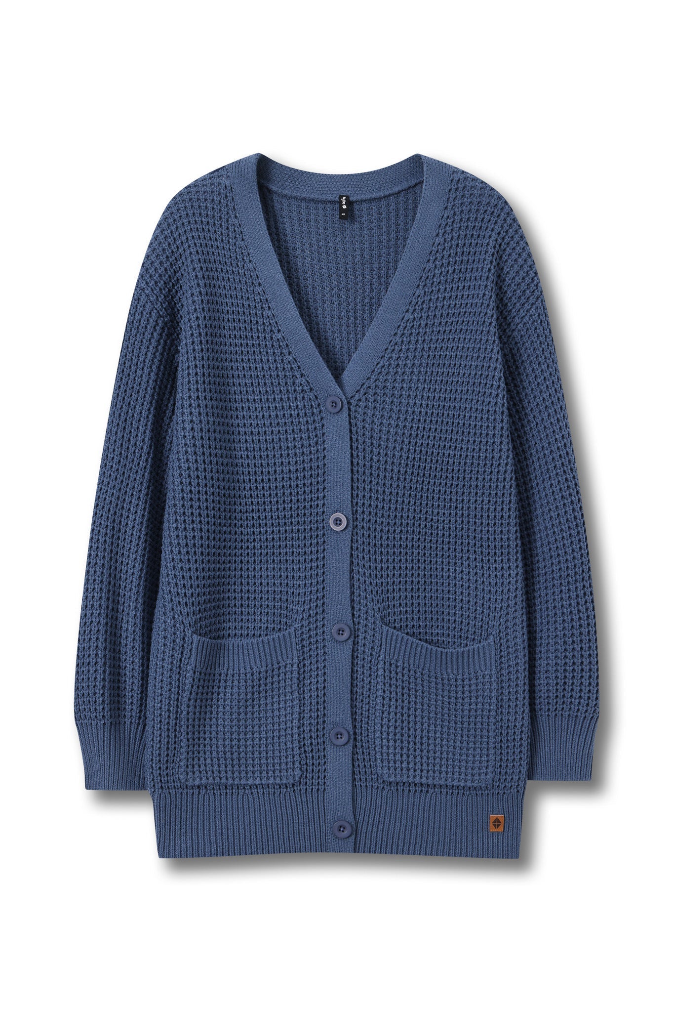 A blue waffle-knit cardigan sweater with a V-neck, button closure, and front pockets, shown on a plain white background.