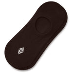 A single dark brown no-show sock with a small white geometric logo on the toe, displayed on a clean white background.