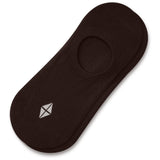 A single dark brown no-show sock with a small white geometric logo on the toe, displayed on a clean white background.