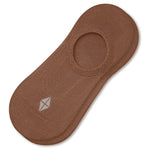 A single brown no-show sock with a small white geometric logo on the toe area, displayed on a clean white background.
