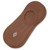 A single brown no-show sock with a small white geometric logo on the toe area, displayed on a clean white background.