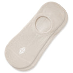 A single beige no-show sock with a small white geometric logo on the toe, displayed on a clean white background.