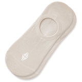 A single beige no-show sock with a small white geometric logo on the toe, displayed on a clean white background.
