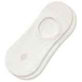 Two stacked white no-show socks with a small geometric logo on the toe, photographed on a clean white background.