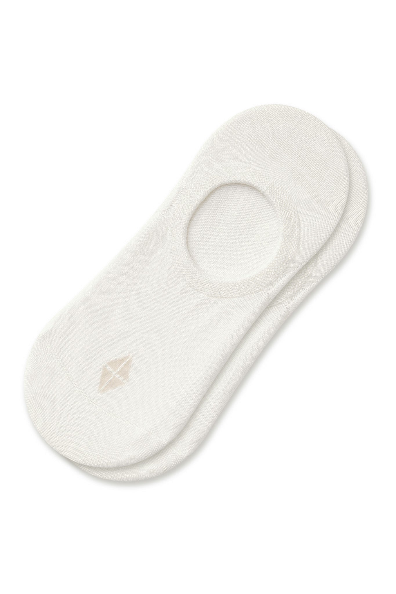 Two stacked white no-show socks with a small geometric logo on the toe, photographed on a clean white background.