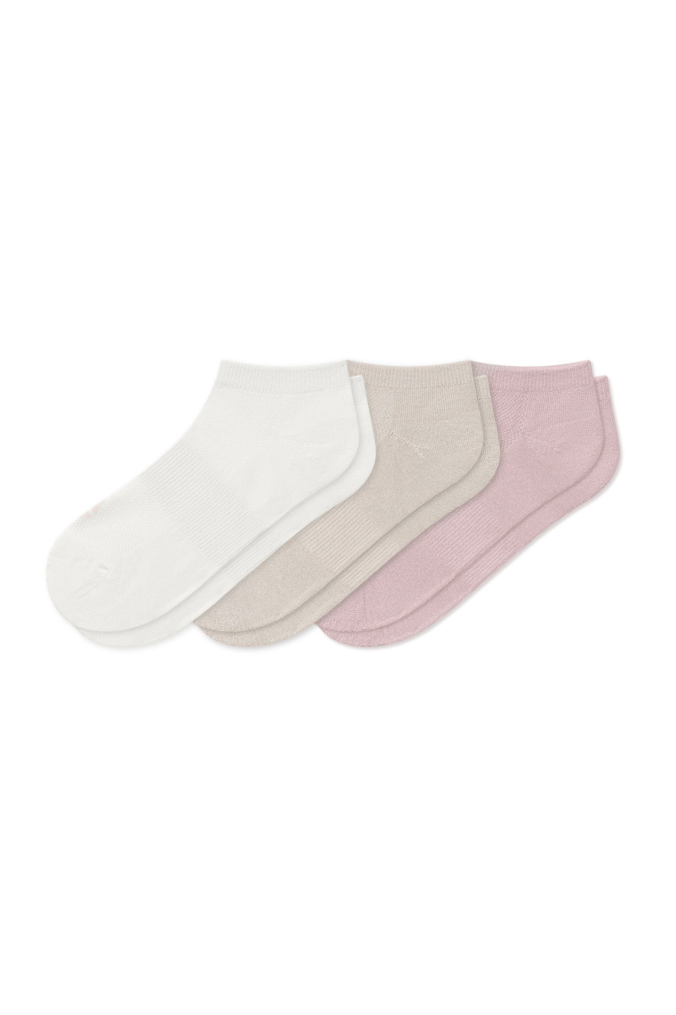 Women's Ankle Socks 3-Pack in Cloud, Blush, and Oat laying flat on a white background.