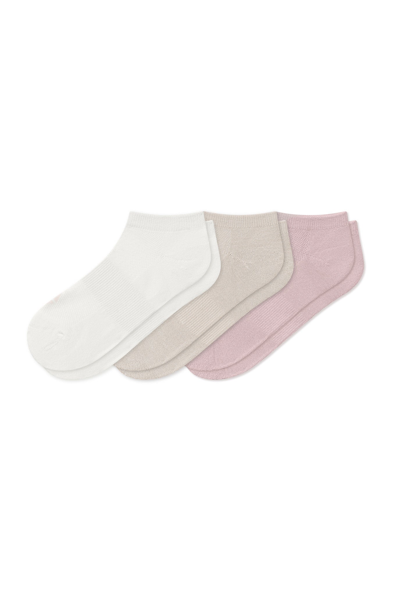Women's Ankle Socks 3-Pack in Cloud, Blush, and Oat laying flat on a white background.