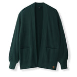 A dark green ribbed knit cardigan sweater with a V-neck, long sleeves, and two front patch pockets, shown against a plain white background.