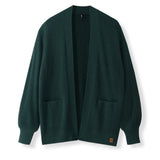 A dark green ribbed knit cardigan sweater with a V-neck, long sleeves, and two front patch pockets, shown against a plain white background.
