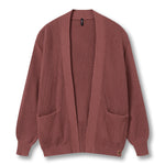 A ribbed open-front cardigan sweater in a dusty rose or mauve color, featuring long sleeves, ribbed cuffs and hem, and two front patch pockets, shown against a plain white background.