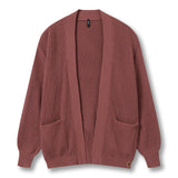 A ribbed open-front cardigan sweater in a dusty rose or mauve color, featuring long sleeves, ribbed cuffs and hem, and two front patch pockets, shown against a plain white background.