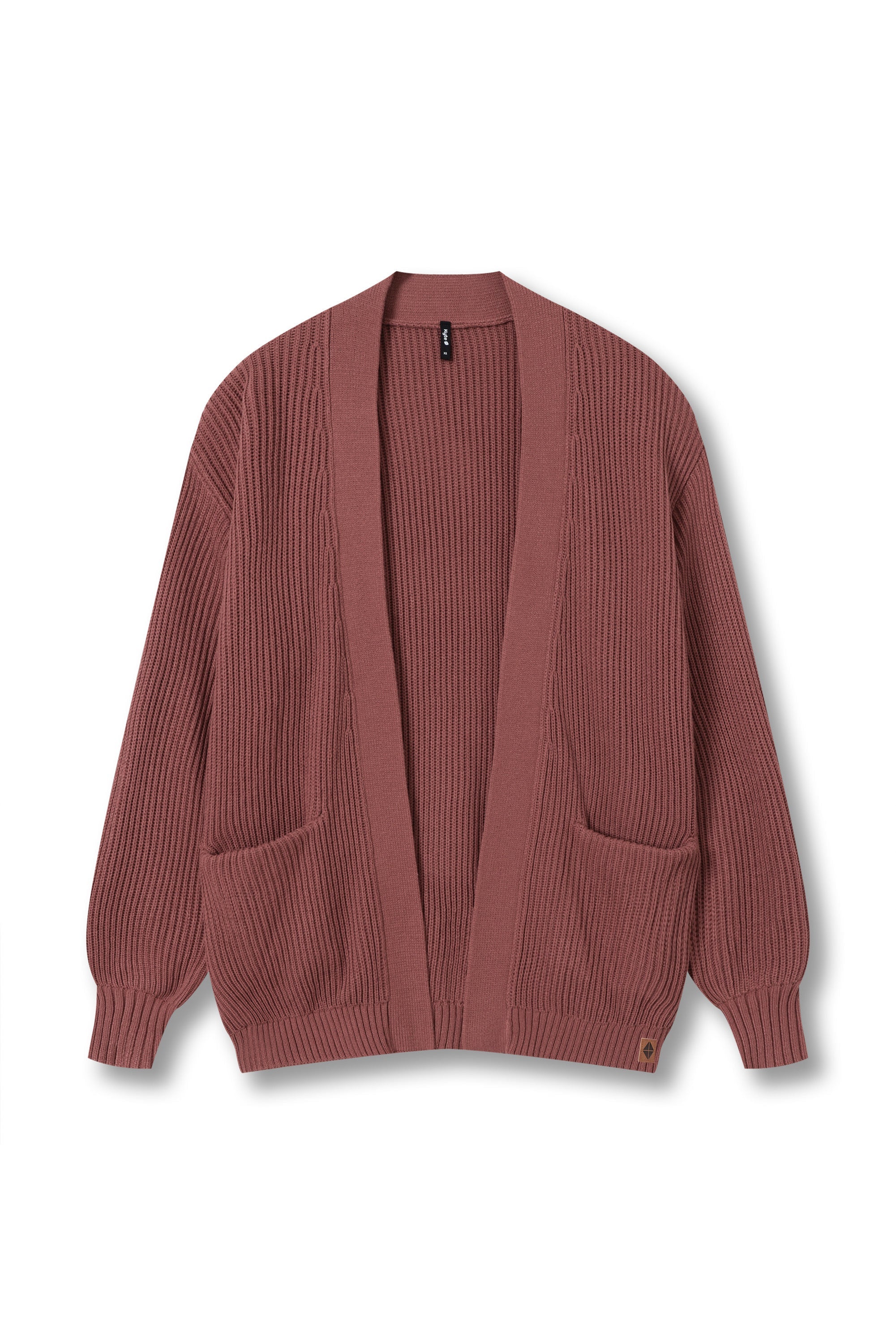 A ribbed open-front cardigan sweater in a dusty rose or mauve color, featuring long sleeves, ribbed cuffs and hem, and two front patch pockets, shown against a plain white background.
