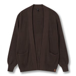 A dark brown ribbed knit cardigan sweater with a relaxed fit, long sleeves, and two front patch pockets, shown flat against a white background.