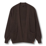 A dark brown ribbed knit cardigan sweater with a relaxed fit, long sleeves, and two front patch pockets, shown flat against a white background.