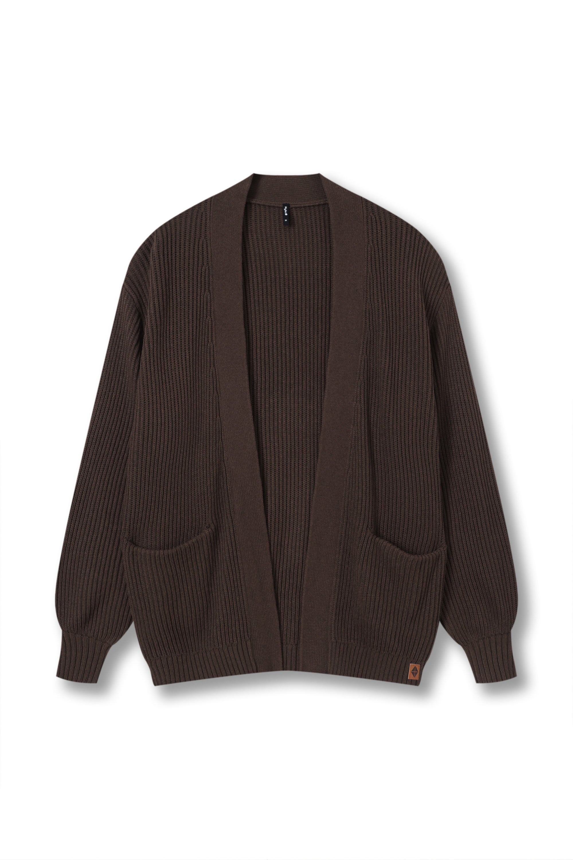 A dark brown ribbed knit cardigan sweater with a relaxed fit, long sleeves, and two front patch pockets, shown flat against a white background.