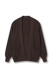 A dark brown ribbed knit cardigan sweater with a relaxed fit, long sleeves, and two front patch pockets, shown flat against a white background.