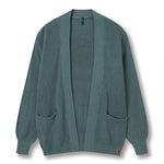 A muted teal-green ribbed knit cardigan sweater with a wide collar, long sleeves, and two front patch pockets, shown flat against a white background.
