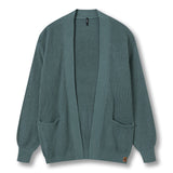 A muted teal-green ribbed knit cardigan sweater with a wide collar, long sleeves, and two front patch pockets, shown flat against a white background.
