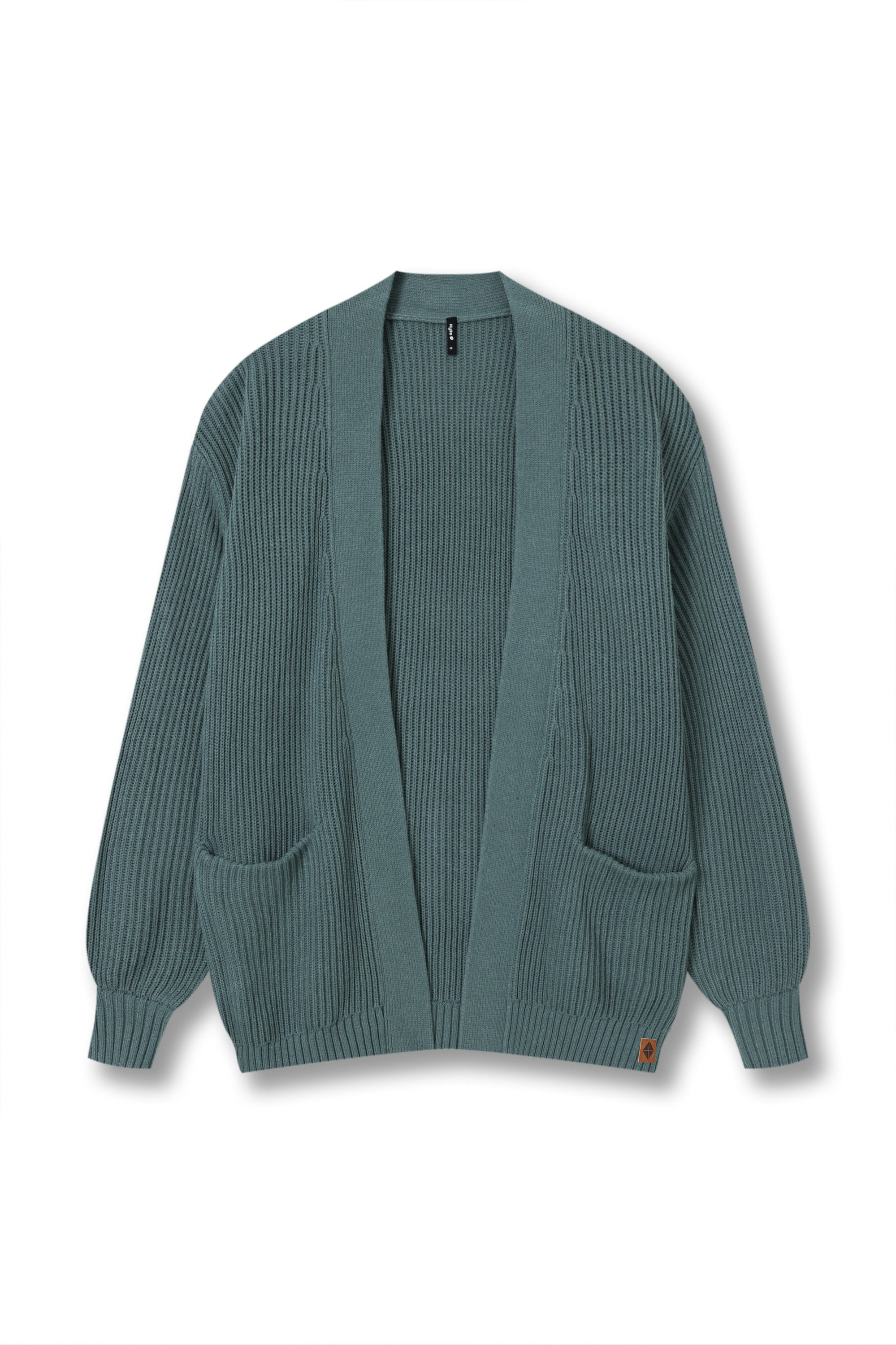 A muted teal-green ribbed knit cardigan sweater with a wide collar, long sleeves, and two front patch pockets, shown flat against a white background.