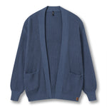A blue ribbed knit cardigan sweater with a wide collar, long sleeves, and front patch pockets, shown flat against a white background.