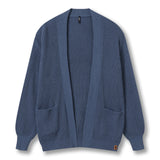 A blue ribbed knit cardigan sweater with a wide collar, long sleeves, and front patch pockets, shown flat against a white background.