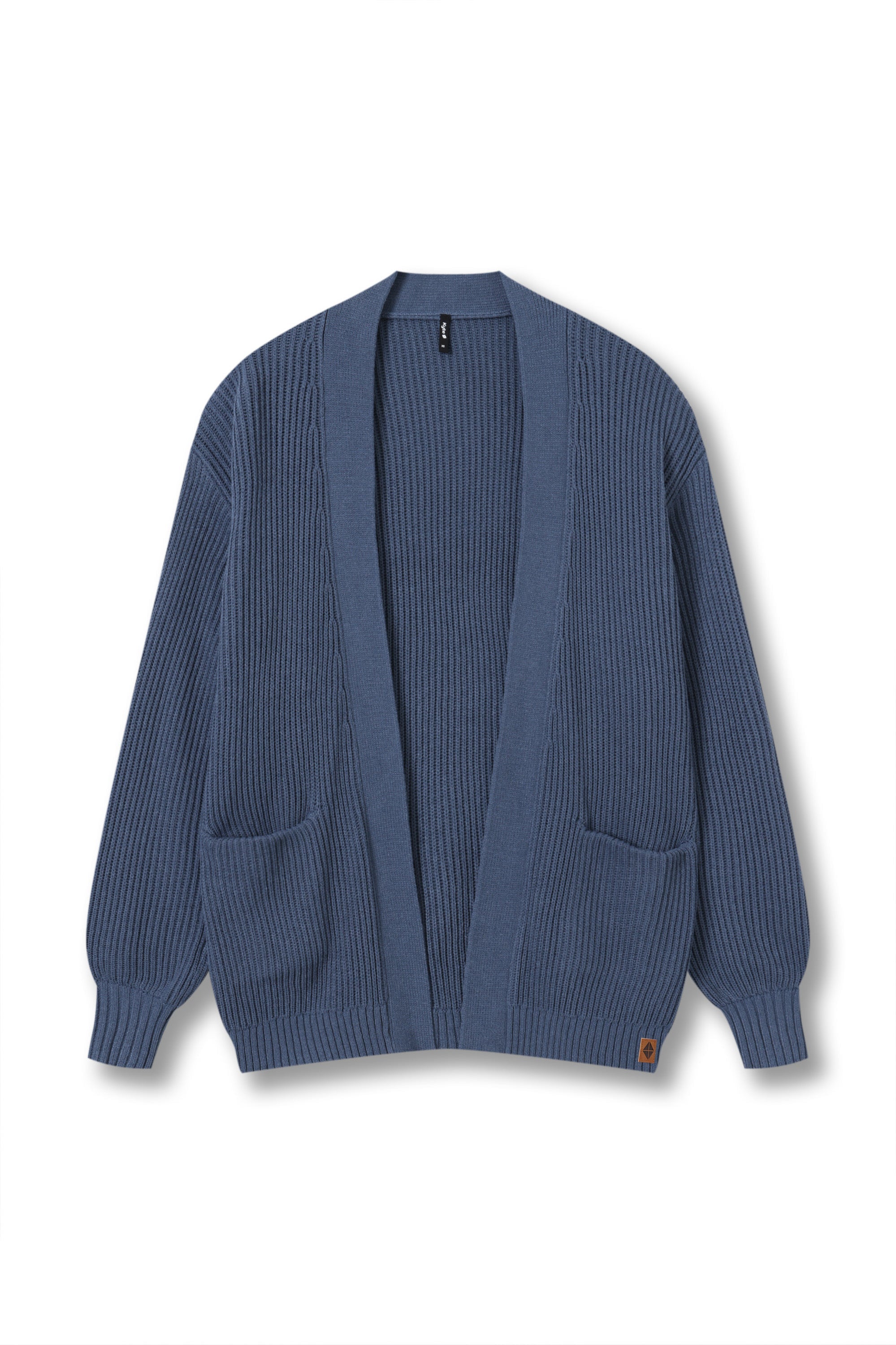A blue ribbed knit cardigan sweater with a wide collar, long sleeves, and front patch pockets, shown flat against a white background.