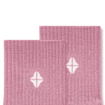 Top part of Adult Crew Socks in Apple Blossom with Kyte Baby logo on a white background