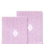 Top part of Adult Crew Socks in Thistle with Kyte Baby logo on a white background